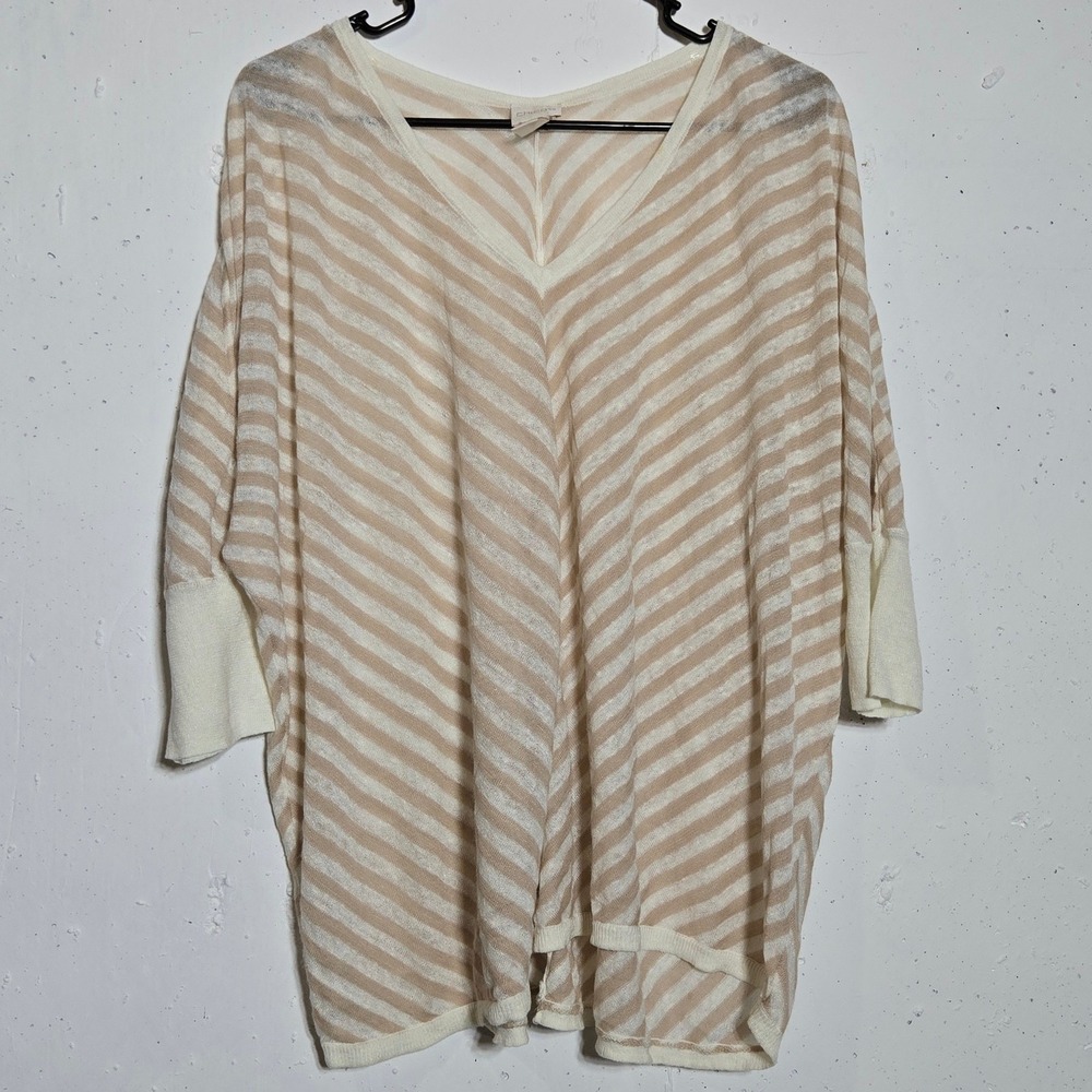 Linen Blend V-Neck Striped Dolman Sleeve Top Chicos 1 US Medium Coastal Neutral